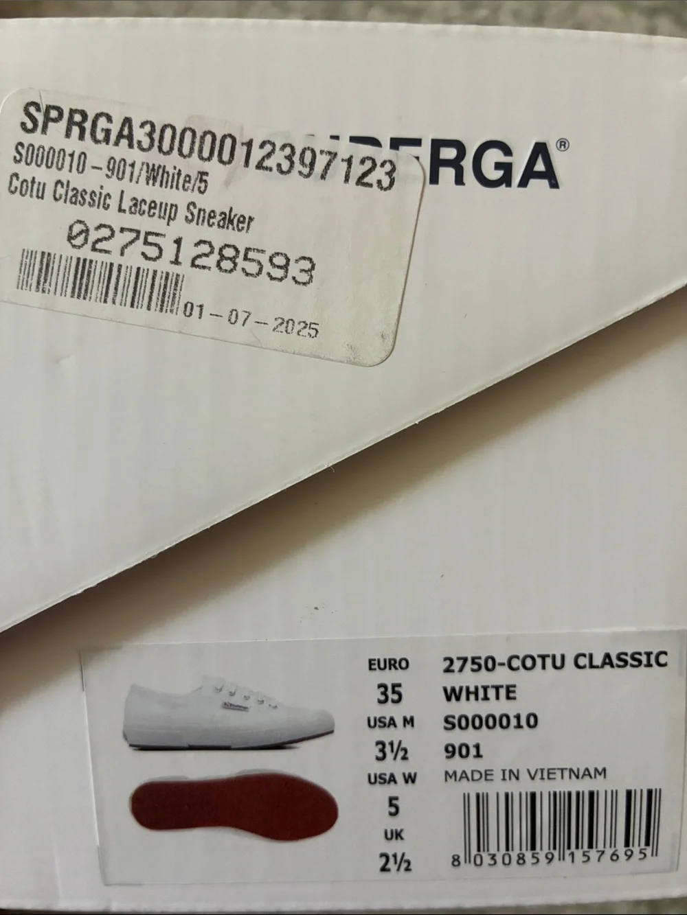 New In Box! Superga 2750 Cotu Classic Casual Lace Sneakers White/Off White‎ Sz 5